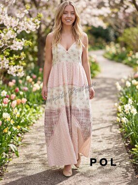 POL Pretty in Pink Tiered Flowy Patchwork Cotton Lightweight Sundress